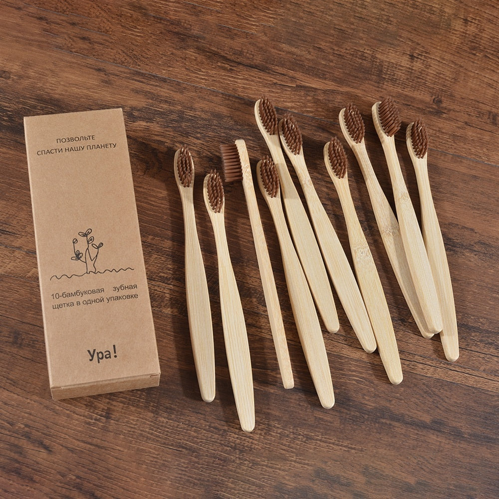 10PCS Eco-friendly Colorful Natural Soft Bristle Bamboo Toothbrushes