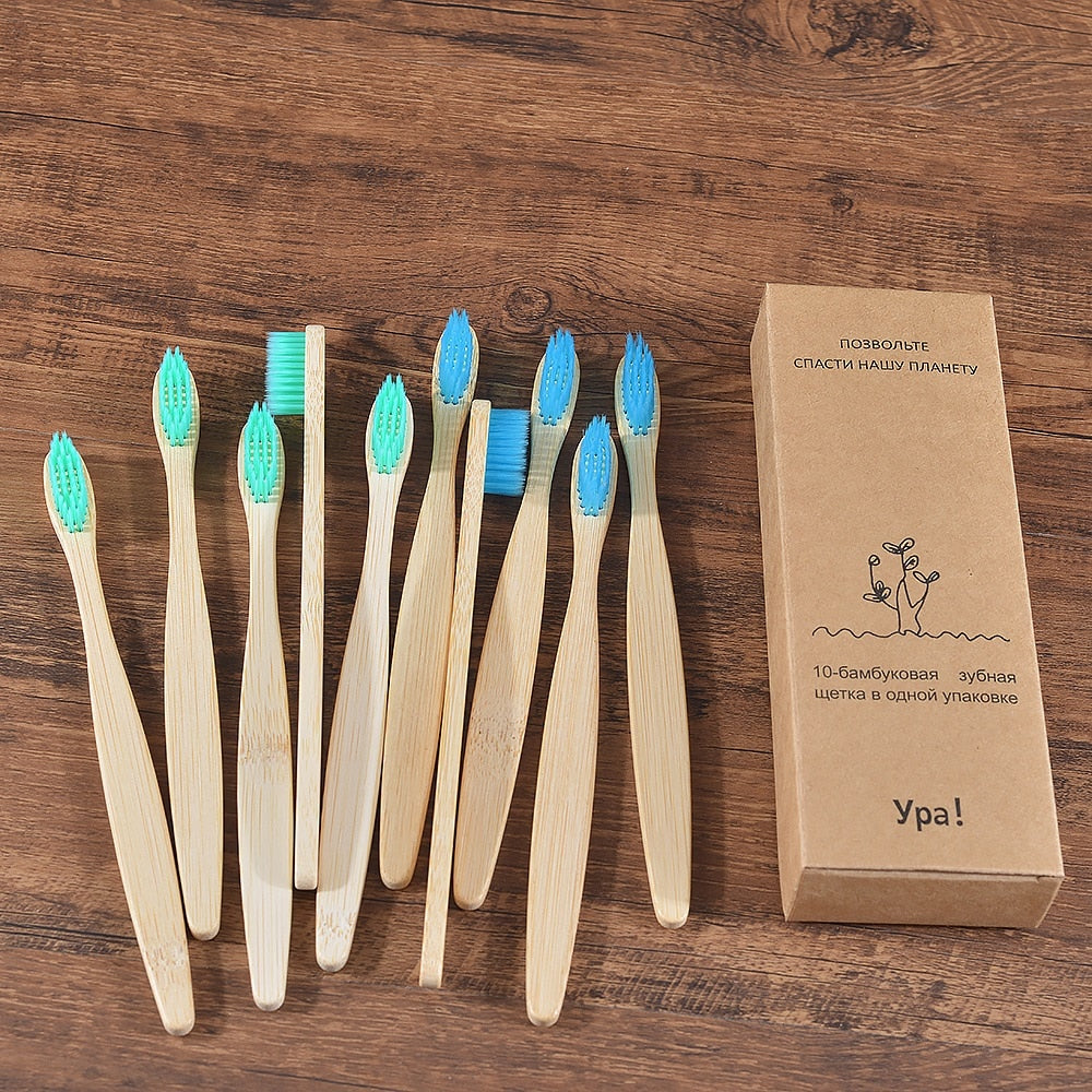 10PCS Eco-friendly Colorful Natural Soft Bristle Bamboo Toothbrushes