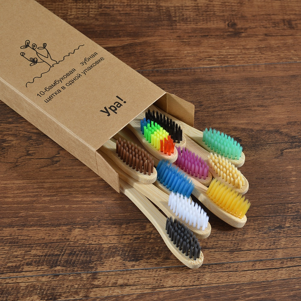 10PCS Eco-friendly Colorful Natural Soft Bristle Bamboo Toothbrushes