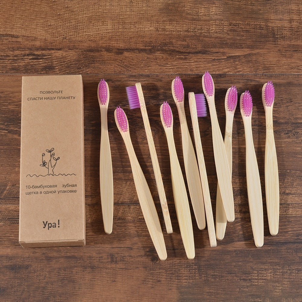 10PCS Eco-friendly Colorful Natural Soft Bristle Bamboo Toothbrushes